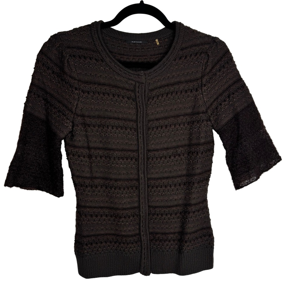 Elie Tahari Women's Twee Brown Wool Knit Cardigan Sz S 1/2 Sleeve Button Front